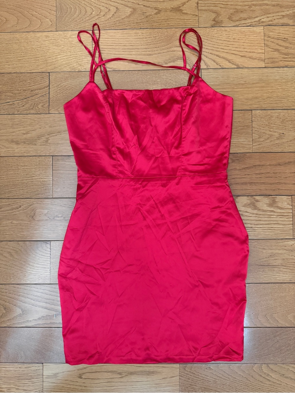 Oh Polly Red Satin Mini Dress with Double Spaghetti Straps